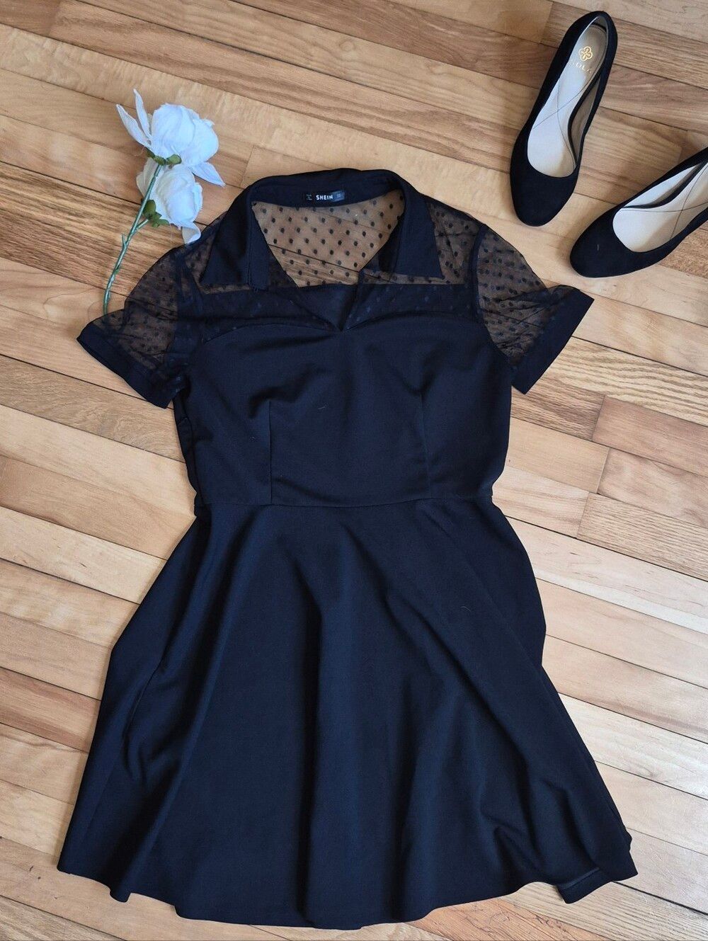 Shein Sheer Yoke Black Fit & Flare Dress - Picture 2 of 11